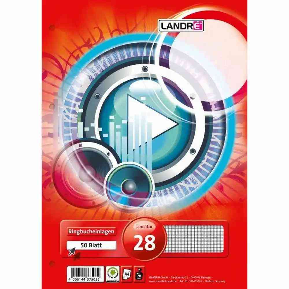 LANDRÉ Ringbucheinlagen Lineatur 28 kariert mit Doppelrand 50 Blatt 70g/m² DIN A4
