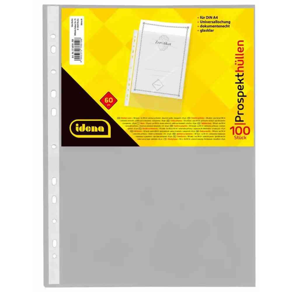 Idena Prospekthüllen aus Kunststoff glasklar 60µ DIN A4 100 Stück