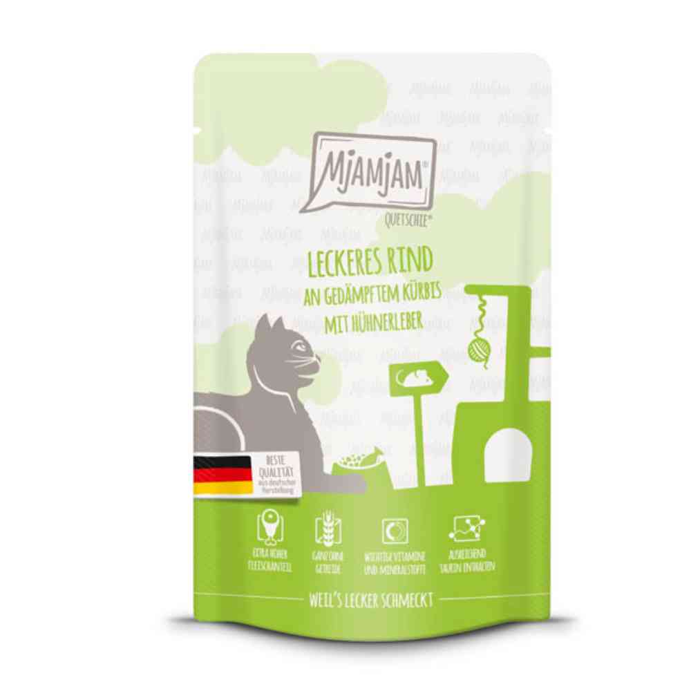 Mjamjam -Quetschie- Leckeres Rind an gedämpftem Kürbis mit Hühnerleber 125g