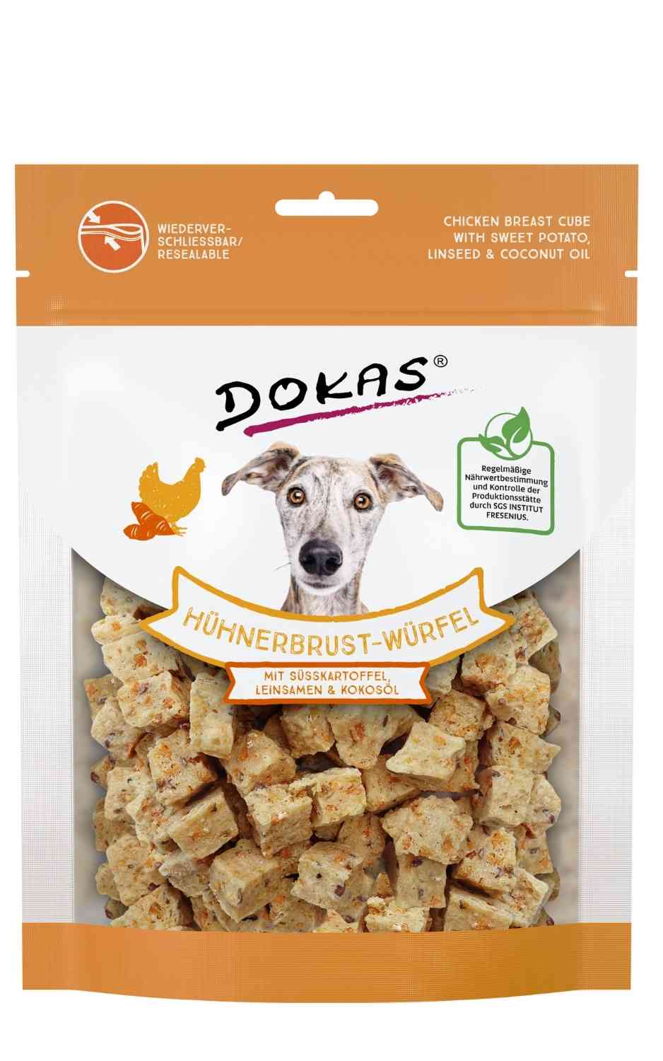 Dokas Dog Hühnerbrust - Würfel mit Süsskartoffel & Leinsamen